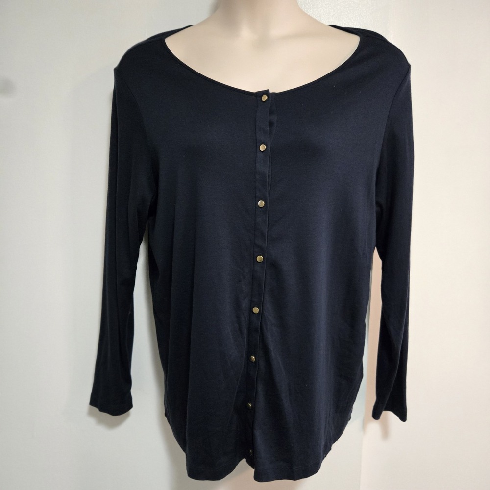 Lands End Plus Size 1X (16W-18W) Navy Blue‎ Button Front Scoop Neck Top Tee EUC